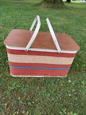 Vintage Woven Picnic Basket Wood Lid White Handles Red Blue Beige Stripes